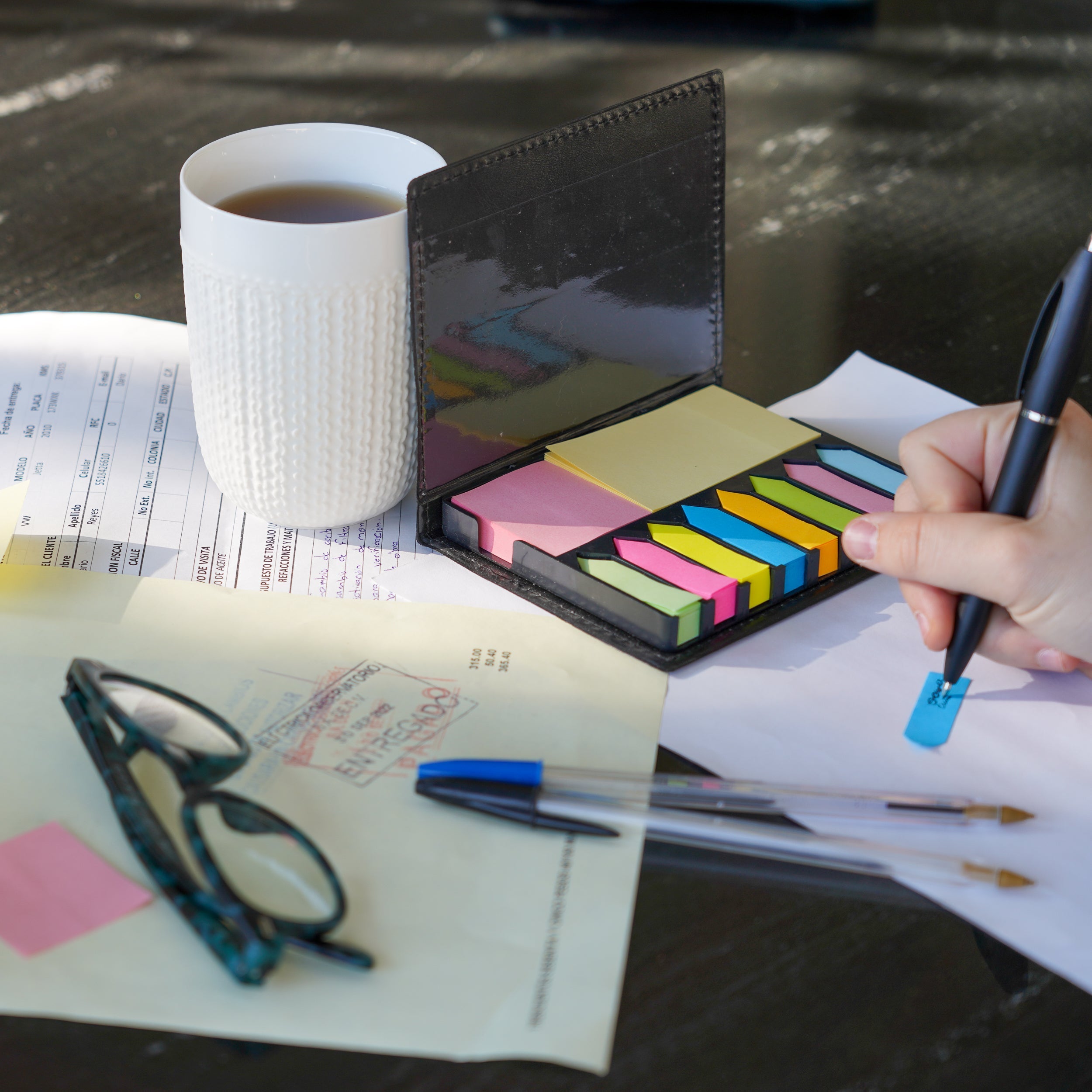 Estuche Con Notas Y Banderas Adhesivas siendo usado para tomar apuntes al aire libre.